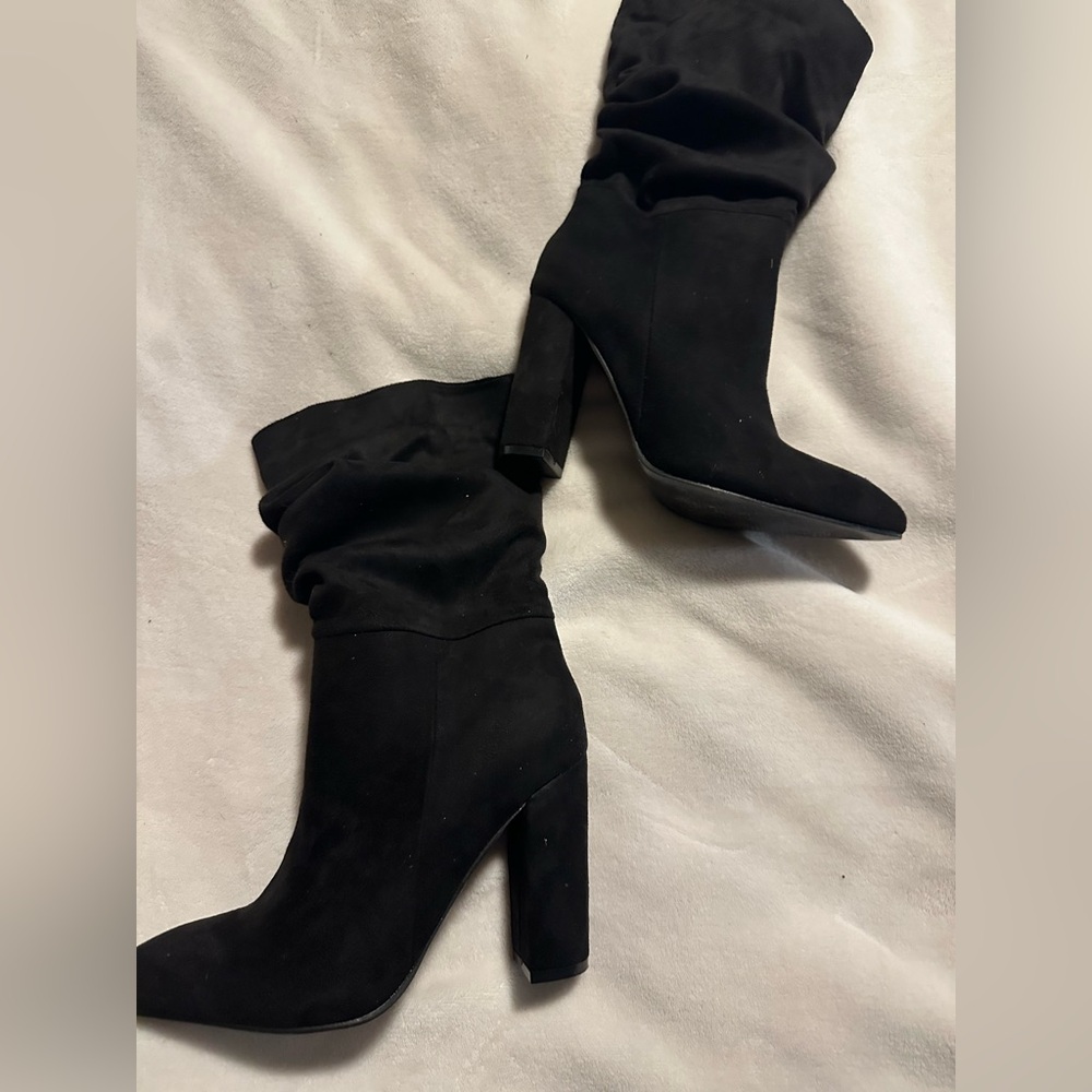Women’s Black Suede Slouch Block Heel Ankle Boots